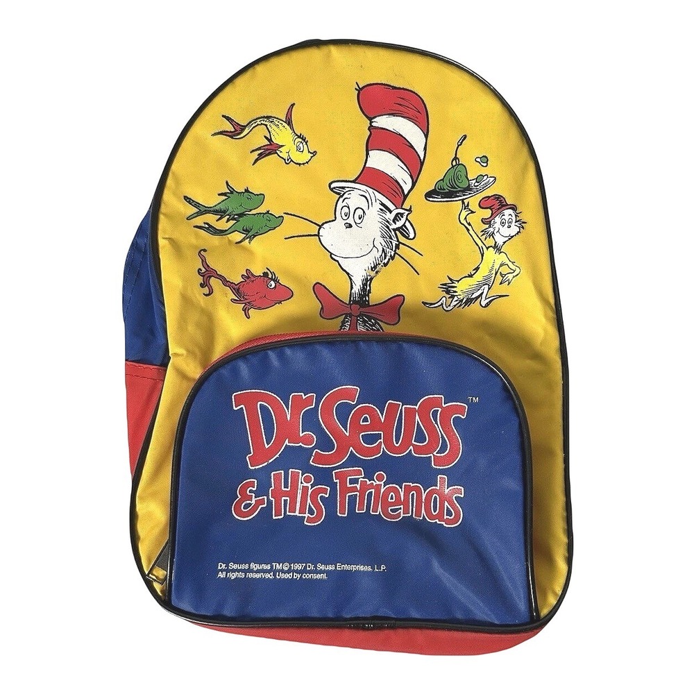 Vintage 1997 Dr Seuss and His Friends Cat in the Hat Backpack Yellow Blue Red